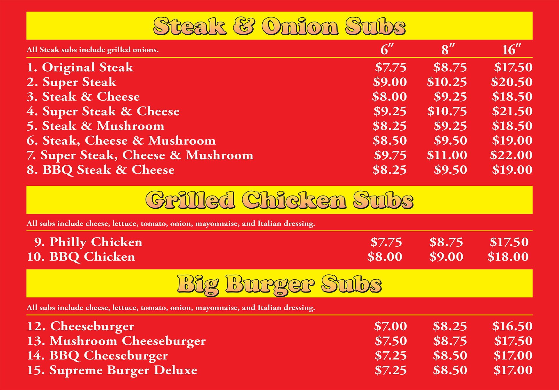 Saginaw Menu